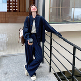 深蓝色甜酷设计感牛仔套装女2025年春季新款休闲上衣阔腿裤两件套，女装套装/套裙，2C168