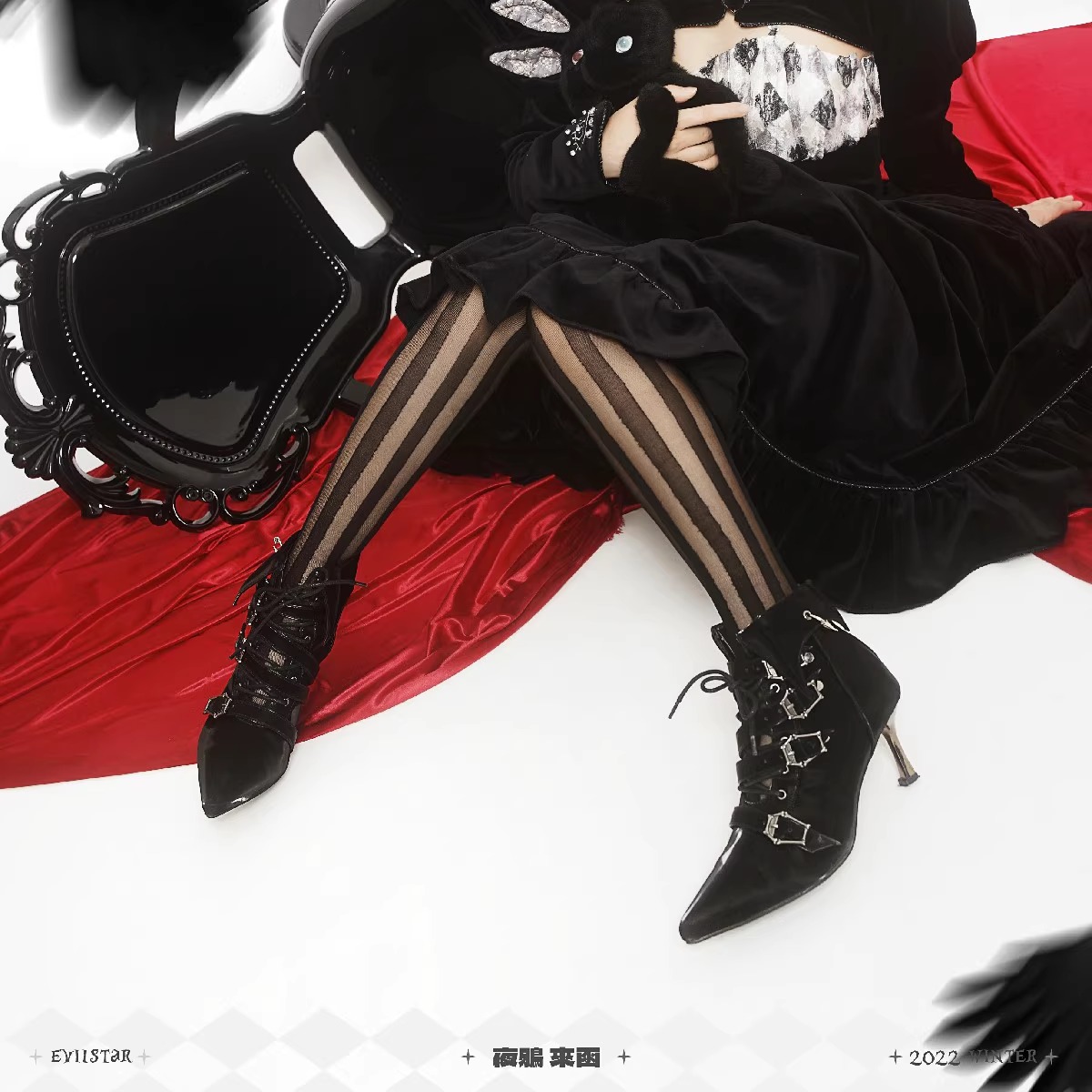 预约 夜鸦来函哥特暗黑lolita棺材蝙蝠系带金属细跟短靴复古