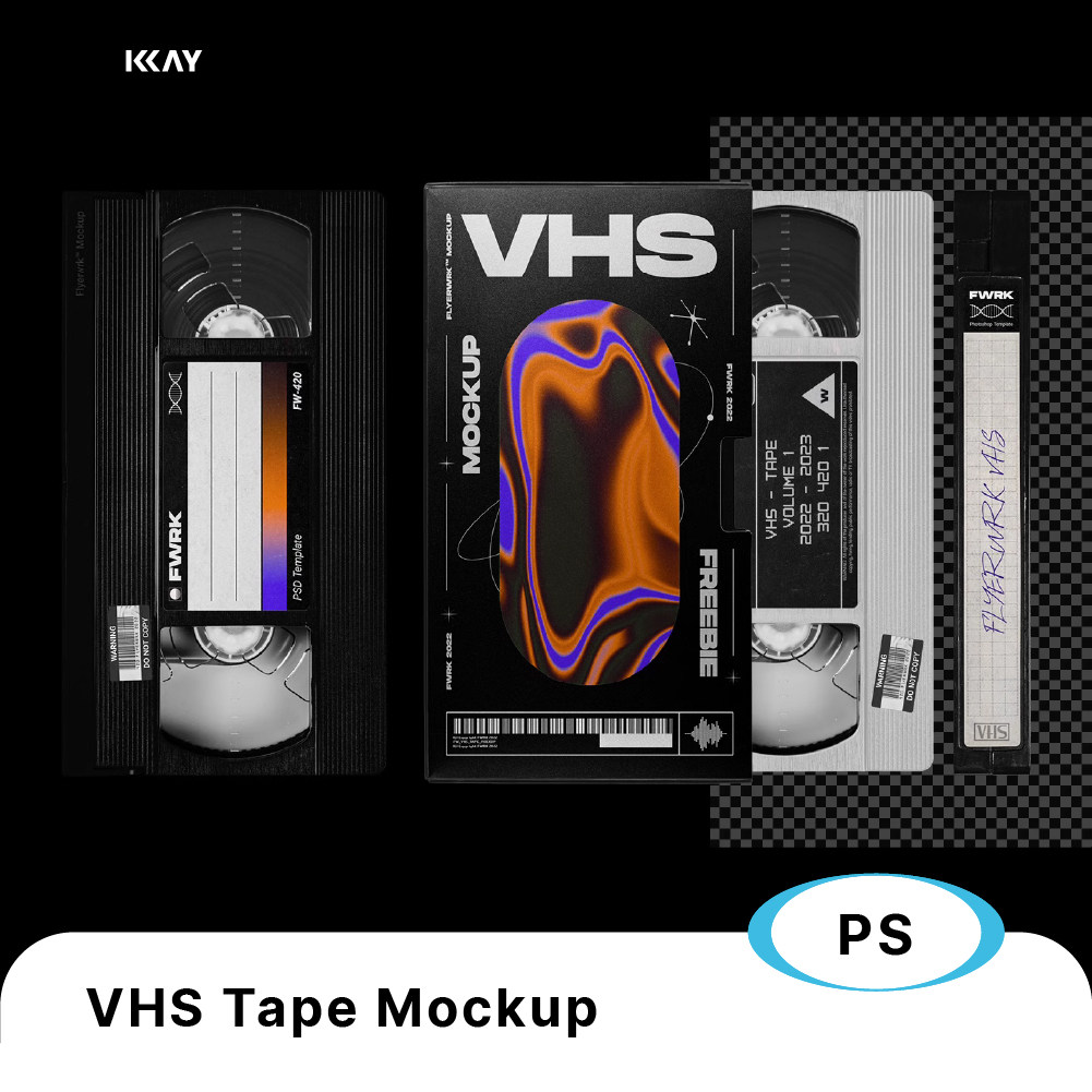 复古VHS录像磁带包装盒贴纸设计展示贴图psd样机素材