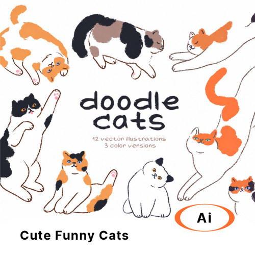 可爱卡通猫咪手绘涂鸦插画猫咖宠物店文创周边矢量设计素材包