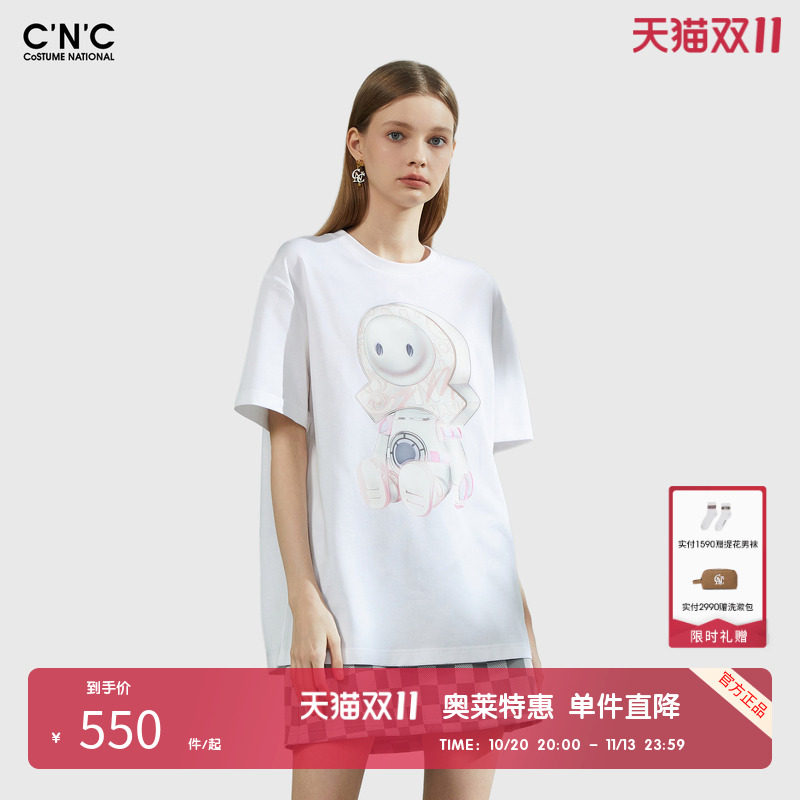 【100%棉】CNC女装奥莱潮玩印花长款短袖T恤女夏季宽松百搭打底衫