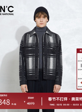 CNC男装奥莱羊毛衬衫式毛呢夹克灰色格纹翻领修身夹克潮流