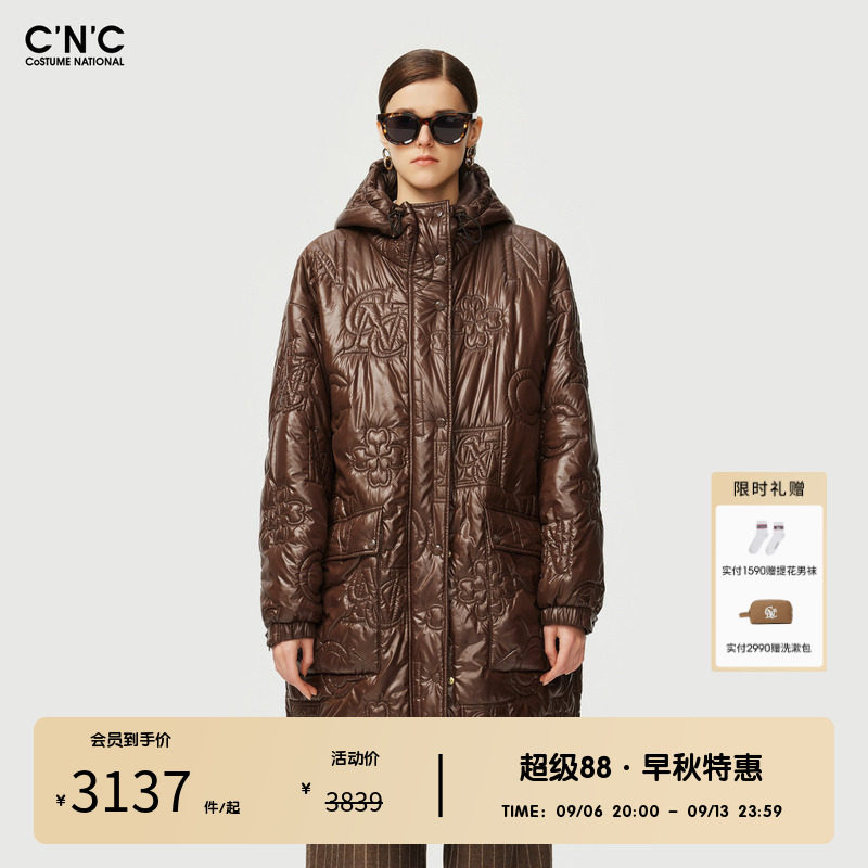 CNC女装奥莱重工匹绣气质长款棉服女连帽冬季防寒保暖棉衣外套