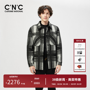 CNC男士奥莱上装外套秋冬新款时尚条纹印花羊毛呢子大衣男