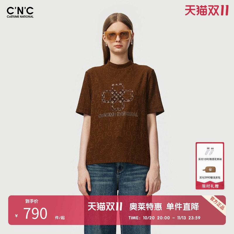 CNC女装奥莱意大利重工字母绣花短袖T恤女秋装棉质打底上衣
