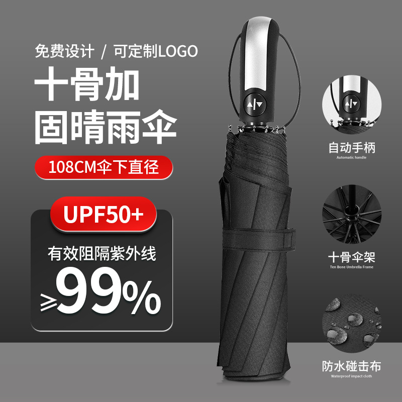 全自动十骨黑胶晴雨两用伞