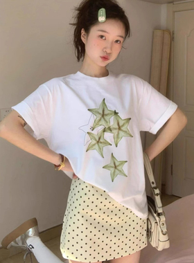 ELOF01521# 官图 21支纯棉210克（100%棉）短袖T恤女宽松杨桃印花