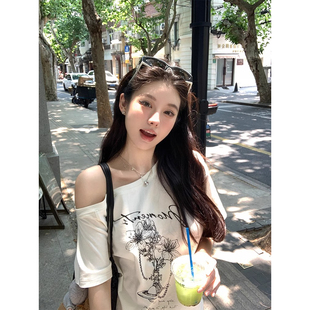 ELOF1104# 官图 40支纯棉220克(92%棉8%氨纶)斜领一字肩露肩短