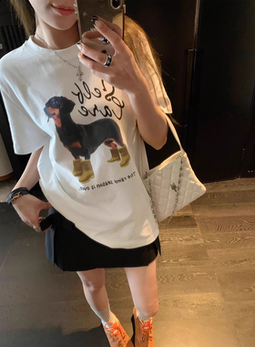 ELOF01089# 官图 21支纯棉210克（100%棉）韩系狗狗字母短袖T恤女