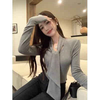 ELOF724#官图1*1螺纹260g 秋冬装长袖T恤女绑带打底衫女磨毛保暖2