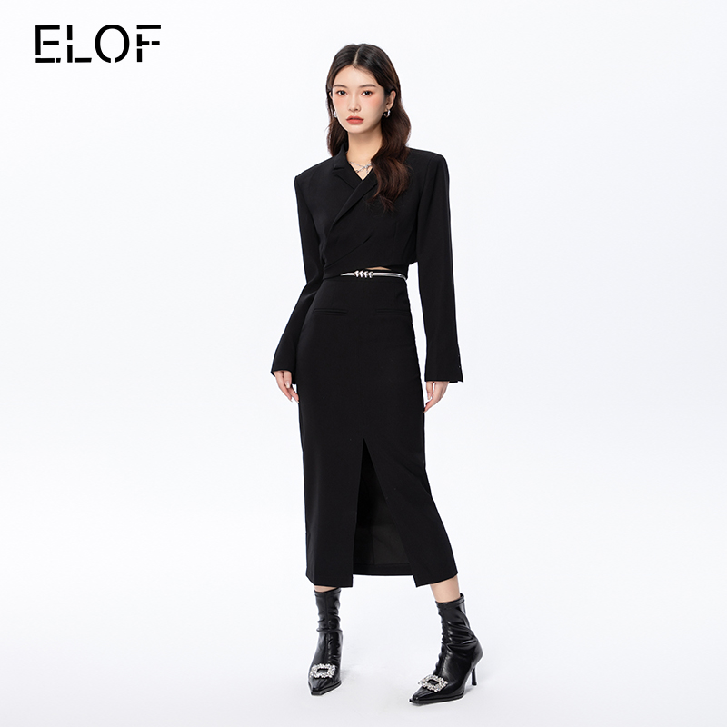 ELOF交叉设计露腰小西装半裙套装