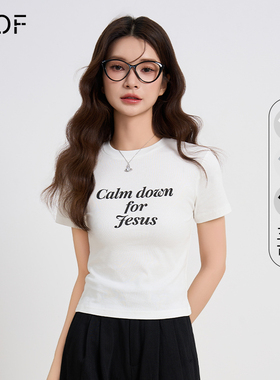 ELOF2025新正肩美式印花T恤短袖女休闲字母复古重磅高街潮牌体恤