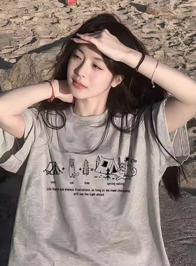 ELOF01522# 官图 21支纯棉210克（100%棉）花灰色纯棉短袖t恤女夏