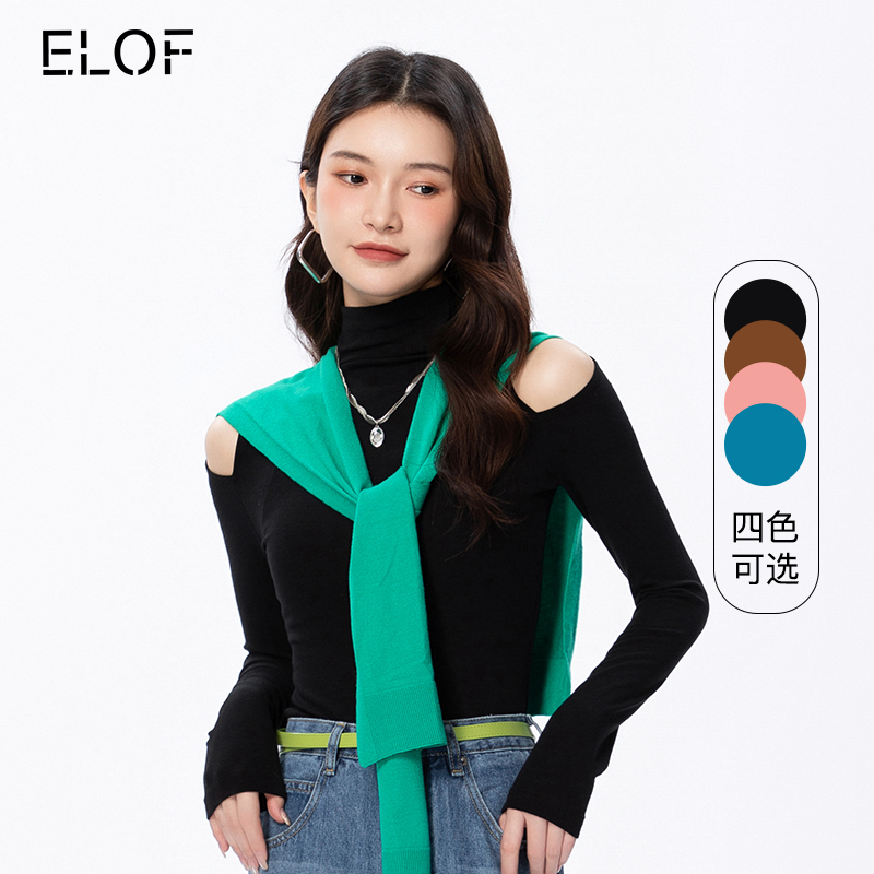 ELOF秋装新款2022镂空露肩长袖T恤女装小众设计感上衣修身打底衫