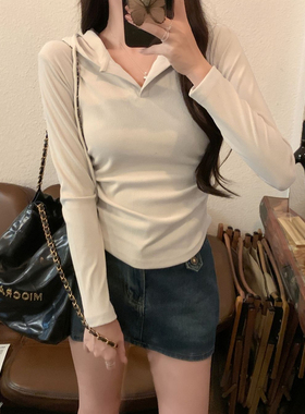 ELOF702#实拍 2*2舒绒250g 2025春装抽绳连帽褶皱长袖T恤打底衫女