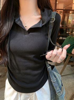 ELOF702#实拍 2*2舒绒  抽绳连帽褶皱长袖T恤打底衫女卫衣2026春