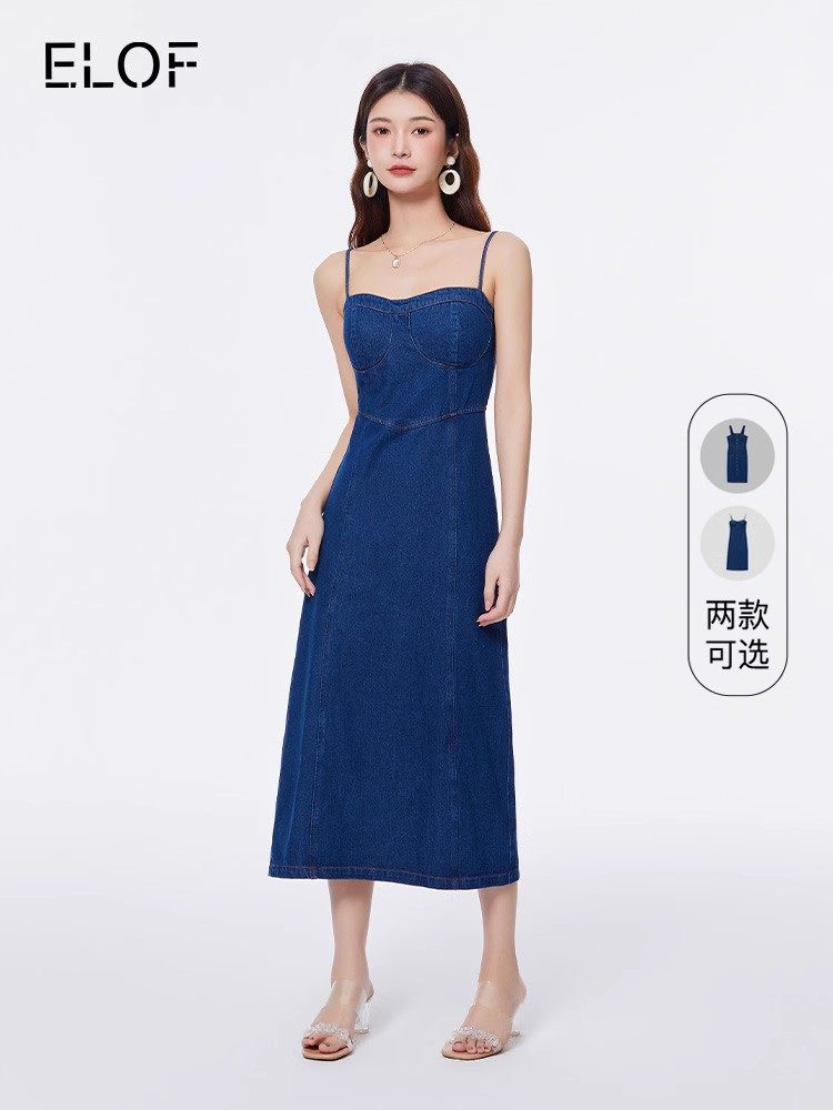 ELOF夏季2023新款牛仔吊带连衣裙女复古经典蓝薄气质甜辣初恋长裙