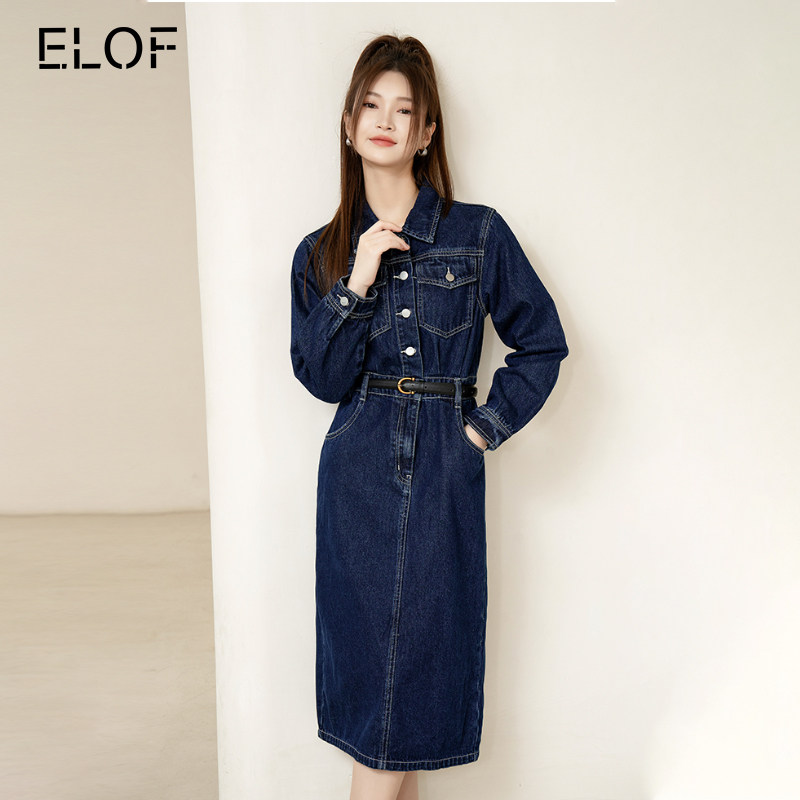 ELOF中长款收腰牛仔连衣裙