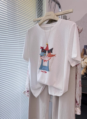 ELOF01543# 官图 21支纯棉210克（100%棉）蝴蝶结卡通小猫印花短