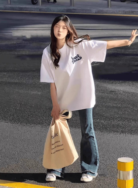 ELOF01212# 官图 21支纯棉210克（100%棉）美式复古白色短袖T恤女