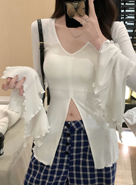 ELOF561# 实拍 40支纯棉  美式辣妹v领喇叭袖T恤女开叉打底衫女
