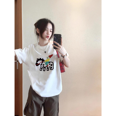 ELOF01150# 官图 21支纯棉210克（100%棉）短袖T恤女宽松大码印花