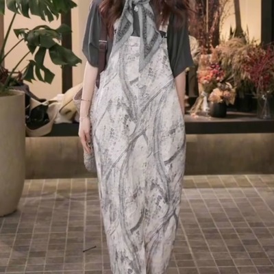 水墨印花高支棉麻背带裙女