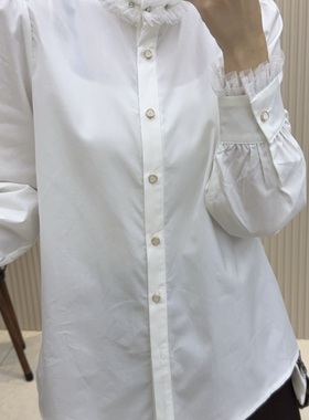 深圳南油法式立领花边衬衫女长袖白色百搭显瘦气质通勤上衣