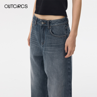 OUTCiRCS 深蓝阔腿牛仔裤女款直筒宽松慵懒风裤子