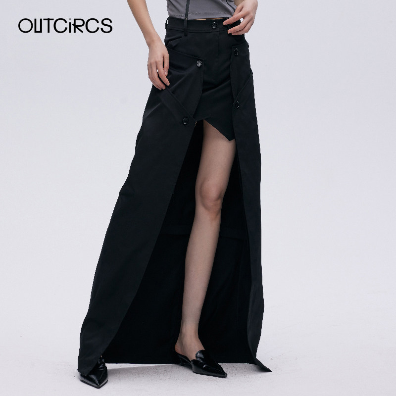 OUTCIRCS 多层结构半裙夏季新款女潮流质感黑色可拆卸半身长裙