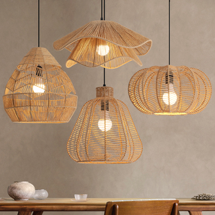 日式侘寂风麻绳吊灯卧室床头灯客厅餐厅民宿灯复古手工编织麻线灯