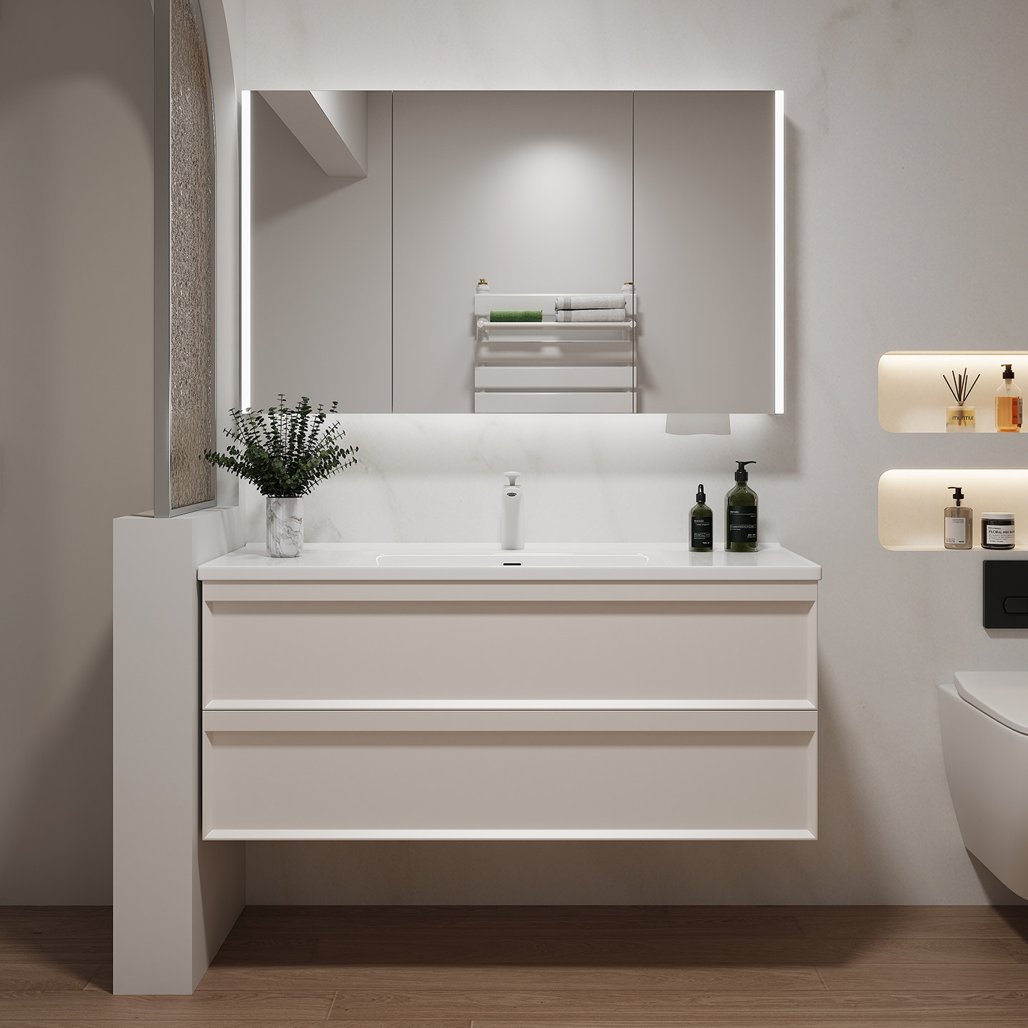 法式奶油风陶瓷一体盆浴室柜组合