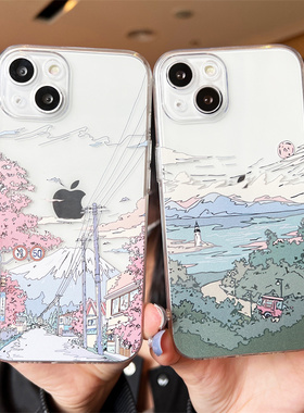 艺术风景插画富士山适用iphone12/13promax苹果15/14pro手机壳11全包7/8plus透明16女17/xr硅胶6sp防摔保护套