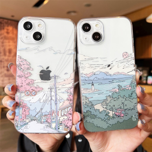 艺术风景插画富士山适用iphone12 14pro手机壳11全包7 8plus透明16女17 xr硅胶6sp防摔保护套 13promax苹果15