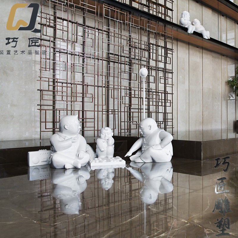 现货巧匠祖孙三代下棋人雕塑摆件现代中式酒店商场落地饰品摆设