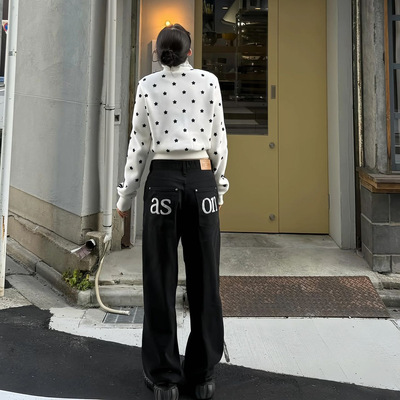现货韩国小众aso*n牛仔裤宽松直筒显瘦小个子高腰阔腿长裤女