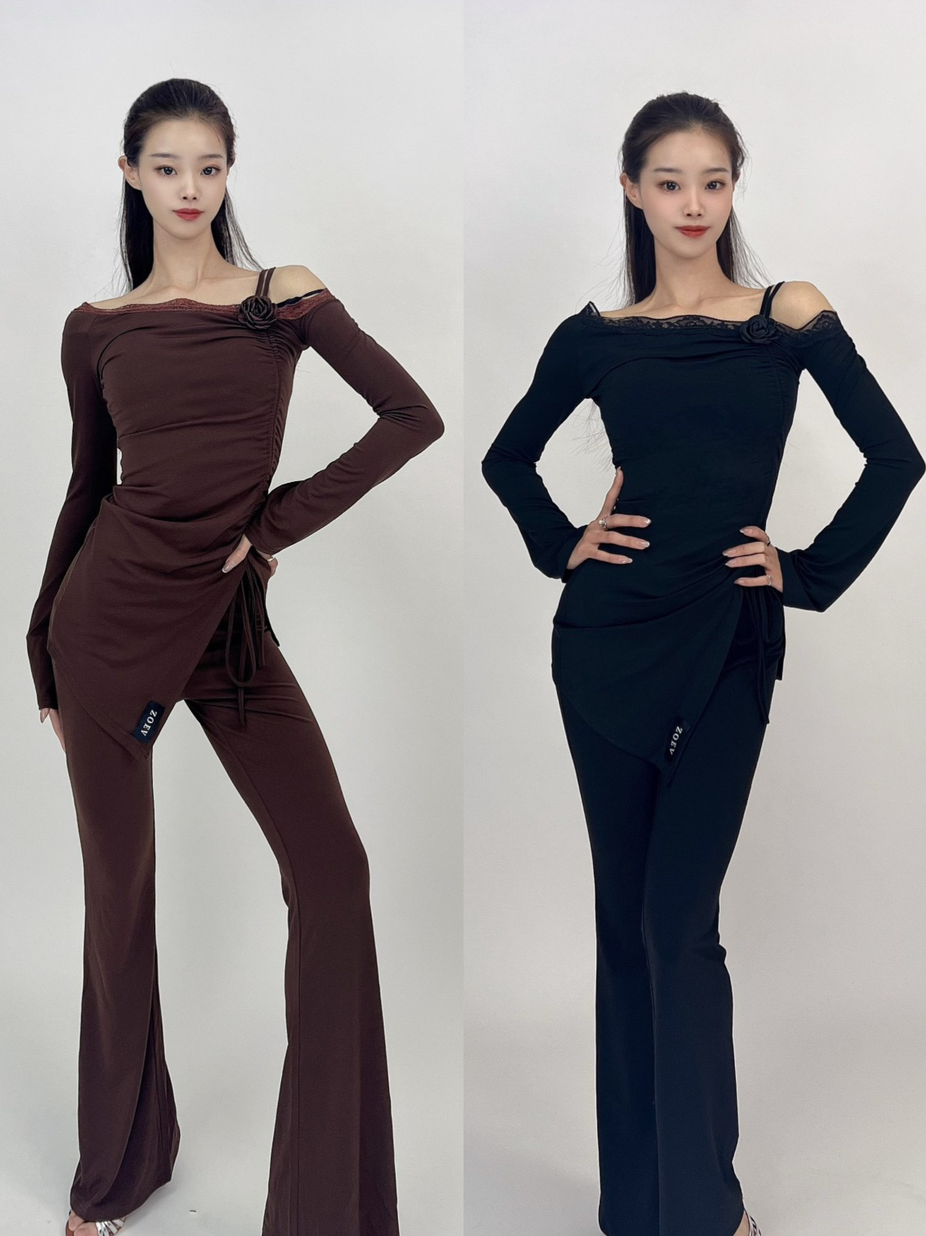 Ella-d拉丁舞服花朵一字肩长袖罩衫喇叭裤棕色黑色练舞教课表演女