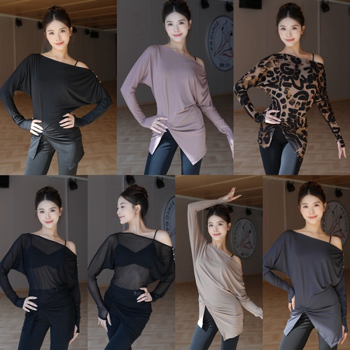 Loyal拉丁舞服长袖斜肩上衣网纱罩衫黑粉肤色豹纹练舞艺考表演女