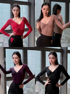 Loyal拉丁舞服纽结V领长袖上衣黑紫大红裸色连体衣练舞教课表演女