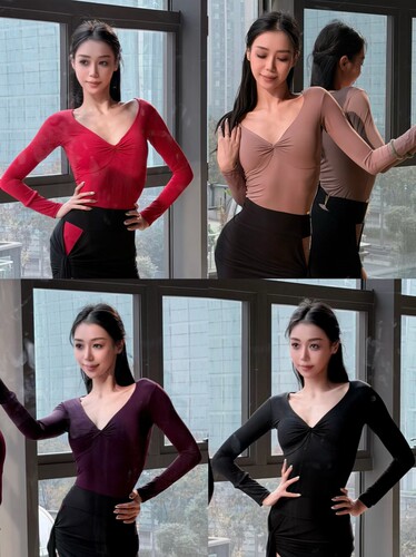 Loyal拉丁舞服纽结V领长袖上衣黑紫大红裸色连体衣练舞教课表演女