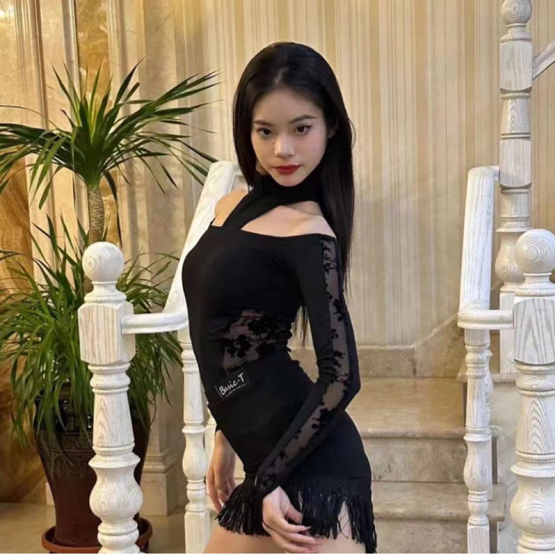 Basic.t拉丁舞长袖上衣露肩黑色