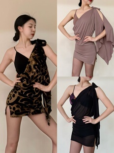 Loyal拉丁舞服单肩无袖罩衫上衣棕豹纹裸粉色黑网纱练舞教课女