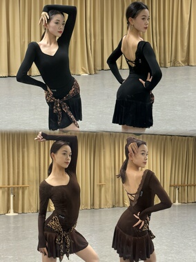 Ella-d拉丁舞服棕黑色长袖上衣蕾丝露背豹纹流苏半身裙练舞表演女