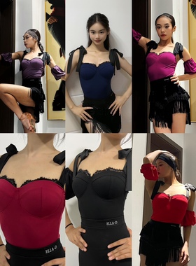 Ella-d拉丁舞服女蝴蝶结吊带上衣蓝红紫色黑流苏半身裙艺考表演女