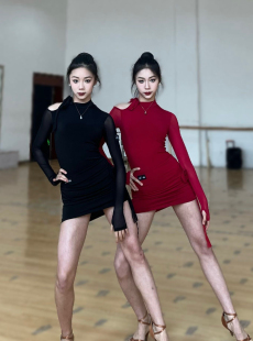 Alei新款拉丁舞练功服女长袖连体衣花朵半身裙集训比赛演出舞蹈裙