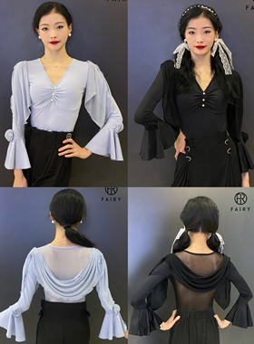 Fairy摩登舞服珍珠荡背连体衣黑色浅蓝色长袖花朵上衣艺考表演女