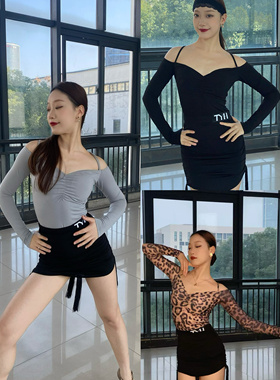 TYH拉丁舞服黑灰色豹纹一字领长袖上衣皱褶包臀裙练舞表演套装女