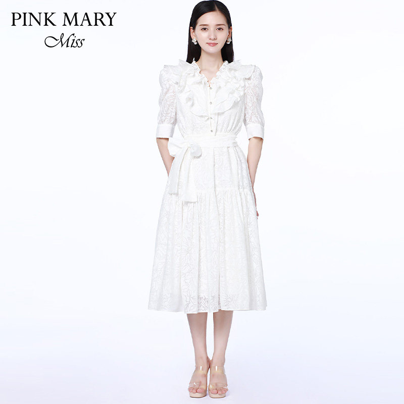 PinkmaryMiss连衣裙女2023秋冬款收腰白色小V荷叶领长裙PMMMW5005