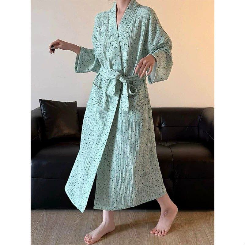 复古甜美慵懒感圆点绿色系带睡袍女夏季新款家居服浴袍长裙可外穿