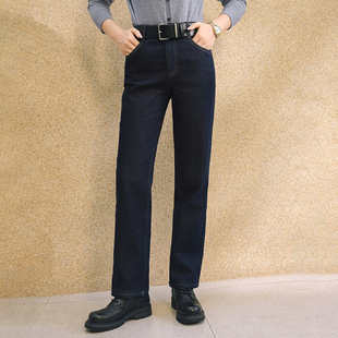 深蓝色保暖9分烟管直筒裤 谭飞时装 新款 秋冬季 细腿羊毛牛仔裤